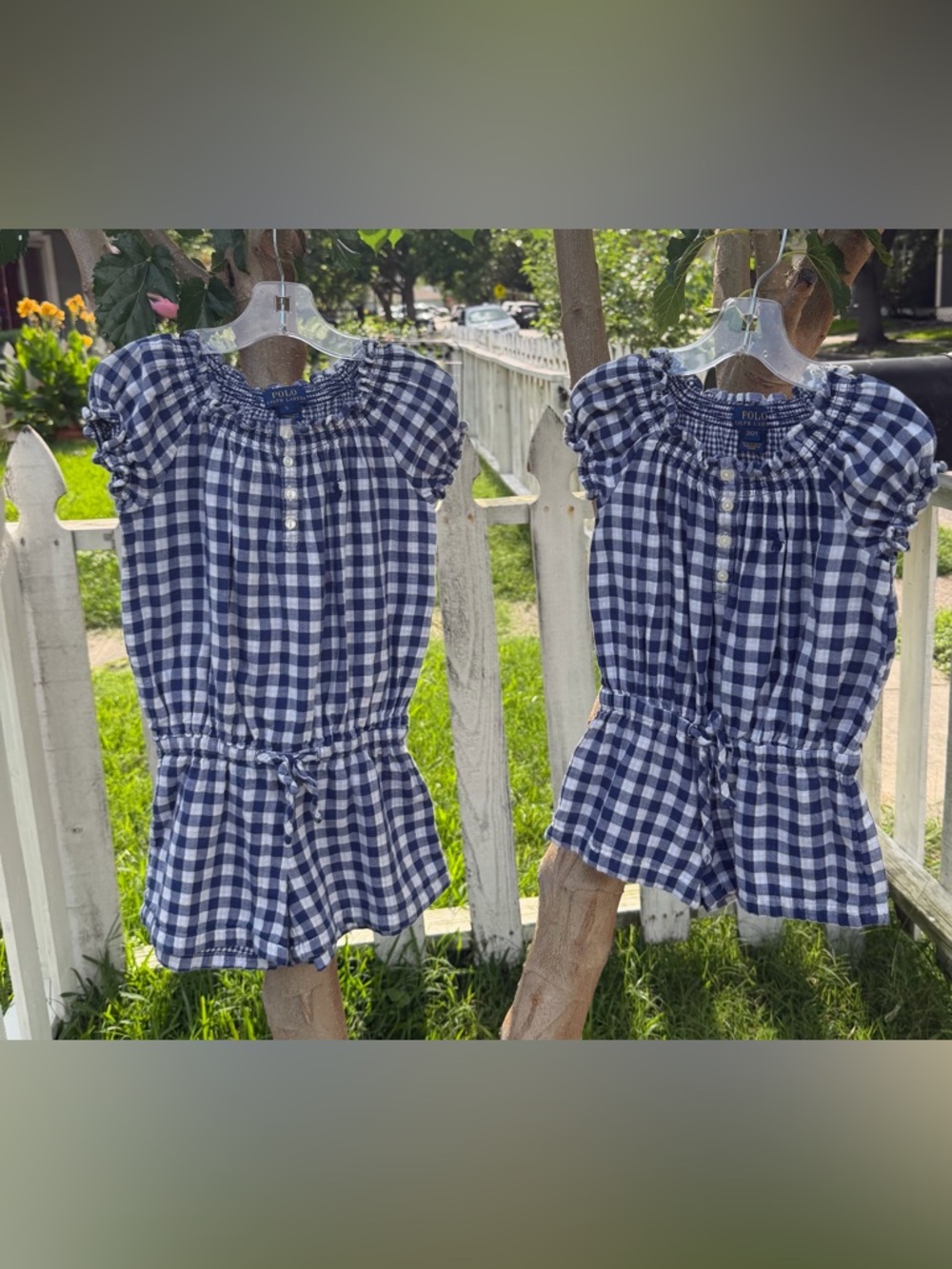Girl’s Polo by Ralph Lauren Navy and White Gingham Girls Rompers, Sz 2 & 5 ~$25